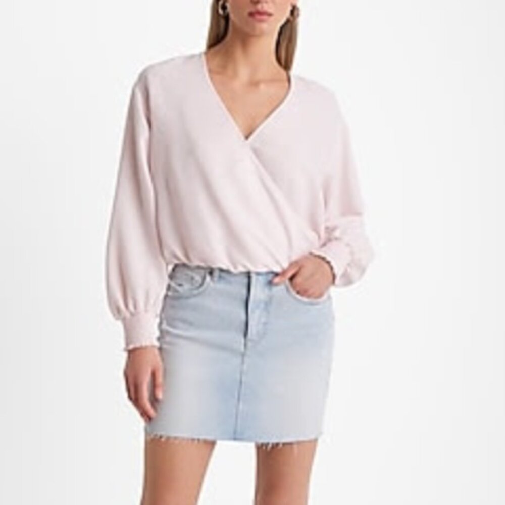 🩷 Express Pink V-neck Balloon Sleeve Faux Wrap Top 🩷